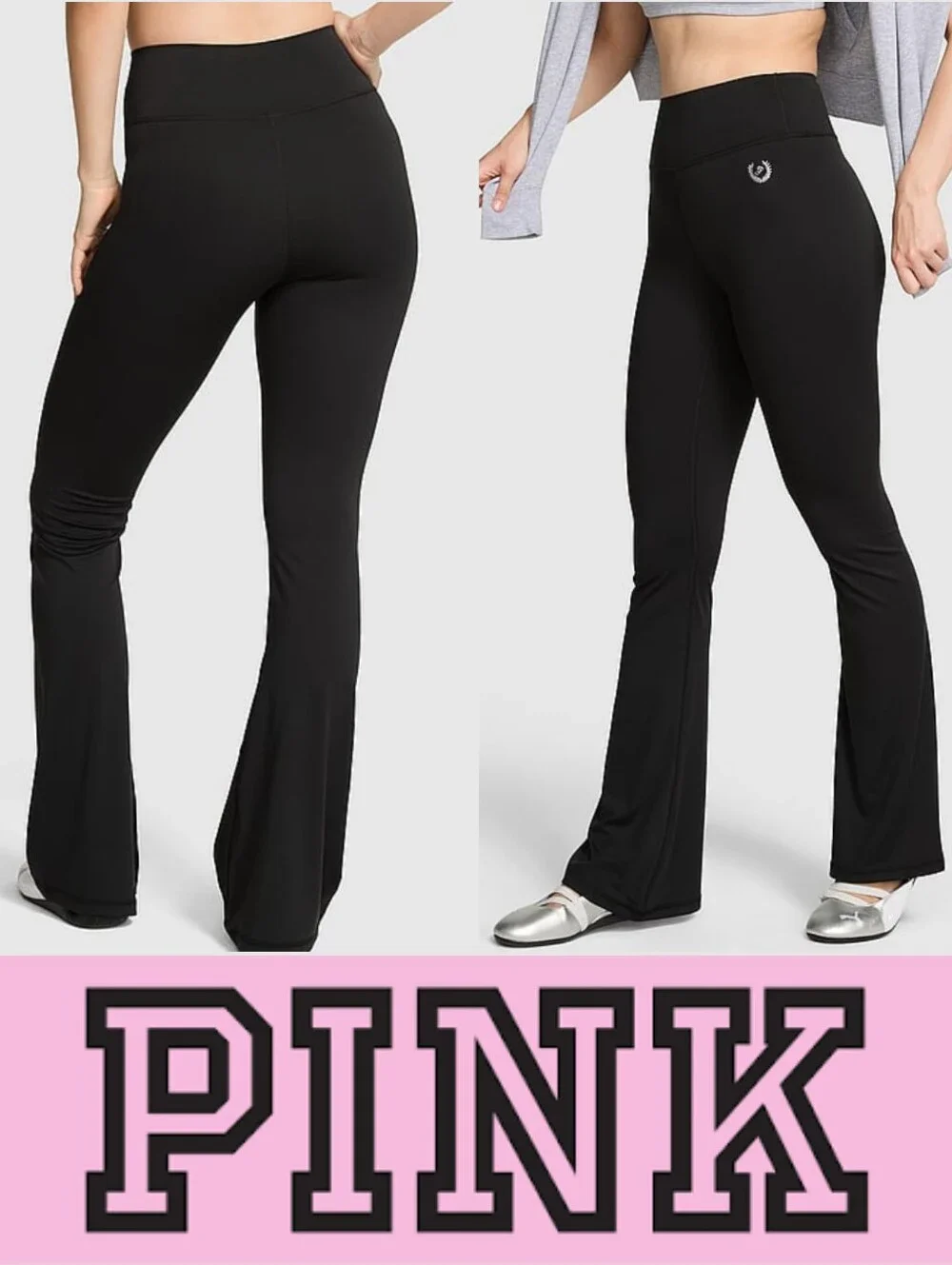 Victoria's Secret PINK Relay Flare Leggings Sz L Pure Black With Logo - Picture 1 of 3